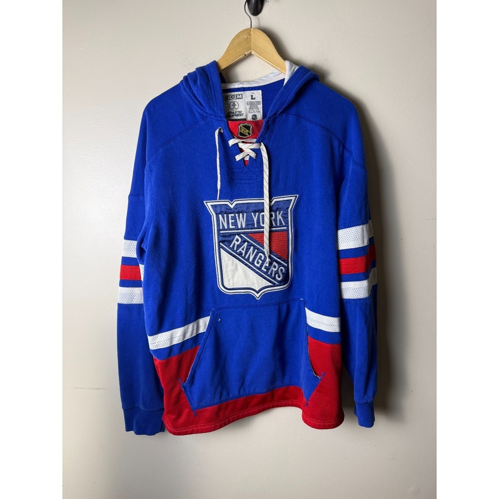CCM New York Rangers NHL Lace Up Hooded Jersey Sweatshirt Mens L Blue Graphic